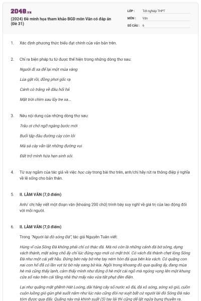 (2024) Đề minh họa tham khảo BGD môn Văn có đáp án (Đề 31)