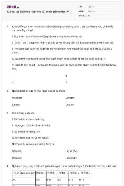 324 Bài tập Tiến Hóa (Sinh học 12) có lời giải chi tiết (P4)