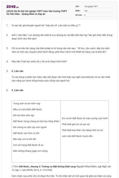 (2024) Đề thi thử tốt nghiệp THPT môn Văn trường THPT Vũ Văn Hiếu - Quảng Ninh có đáp án