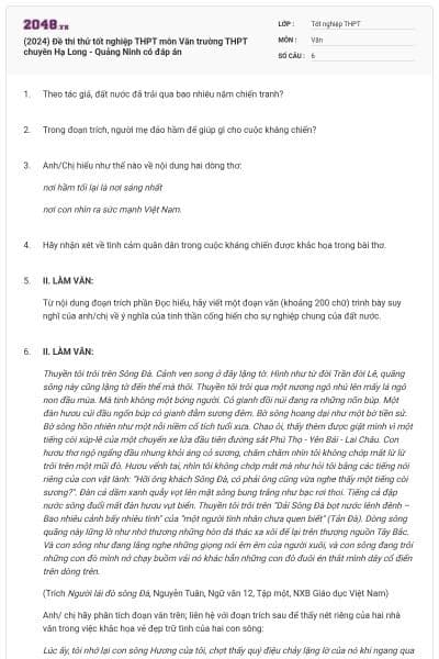 (2024) Đề thi thử tốt nghiệp THPT môn Văn trường THPT chuyên Hạ Long - Quảng Ninh có đáp án