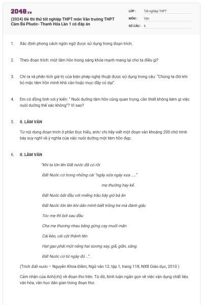 (2024) Đề thi thử tốt nghiệp THPT môn Văn trường THPT Cầm Bá Phước- Thanh Hóa Lần 1 có đáp án