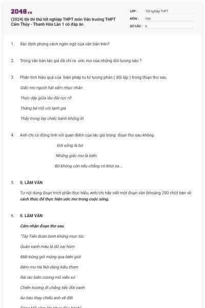 (2024) Đề thi thử tốt nghiệp THPT môn Văn trường THPT Cẩm Thủy - Thanh Hóa Lần 1 có đáp án