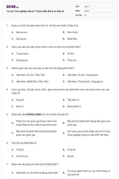 16 câu Trắc nghiệm Địa lý 7 Cánh diều Bài 8 có đáp án