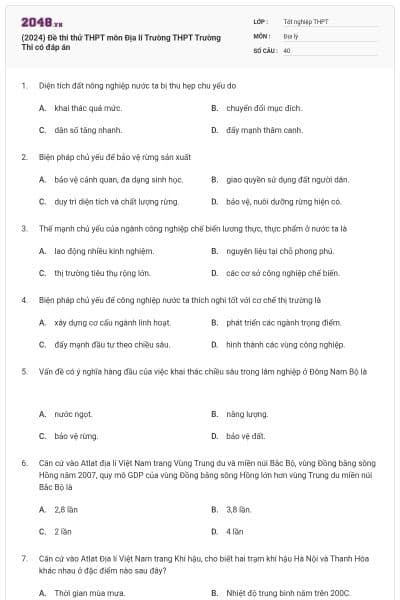 (2024) Đề thi thử THPT môn Địa lí Trường THPT Trường Thi có đáp án