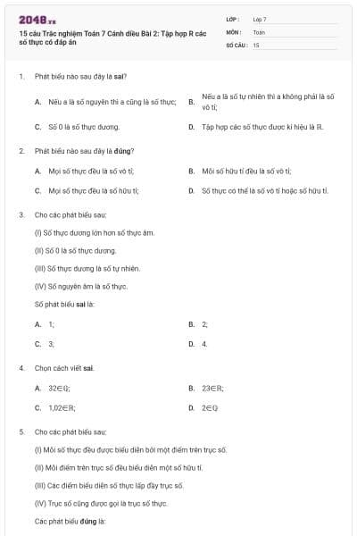 15 câu Trắc nghiệm Toán 7 Cánh diều Bài 2: Tập hợp R các số thực có đáp án