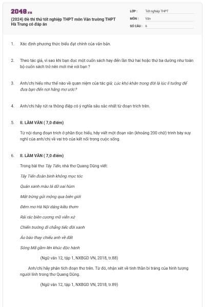 (2024) Đề thi thử tốt nghiệp THPT môn Văn trường THPT Hà Trung có đáp án