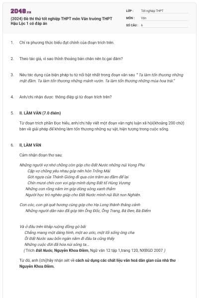 (2024) Đề thi thử tốt nghiệp THPT môn Văn trường THPT Hậu Lộc 1 có đáp án
