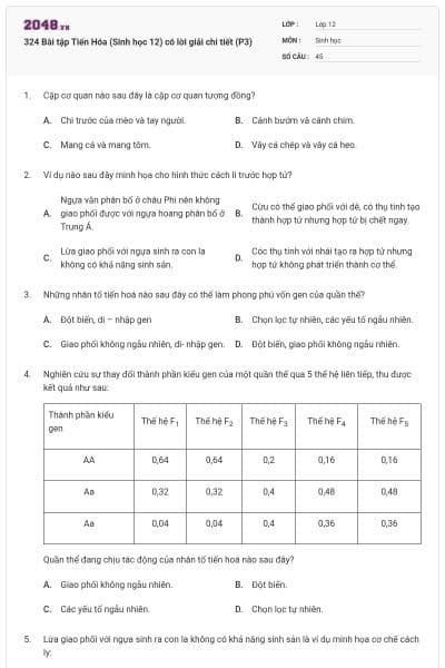 324 Bài tập Tiến Hóa (Sinh học 12) có lời giải chi tiết (P3)