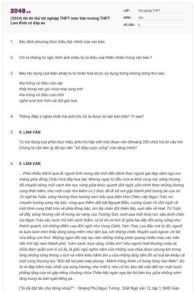 (2024) Đề thi thử tốt nghiệp THPT môn Văn trường THPT Lam Kinh có đáp án