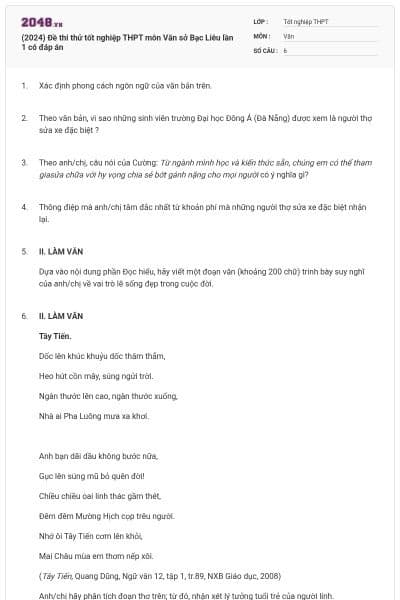 (2024) Đề thi thử tốt nghiệp THPT môn Văn sở Bạc Liêu lần 1 có đáp án