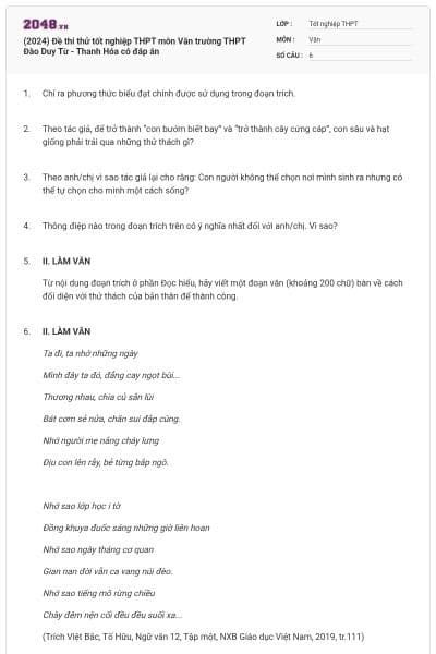 (2024) Đề thi thử tốt nghiệp THPT môn Văn trường THPT Đào Duy Từ - Thanh Hóa có đáp án