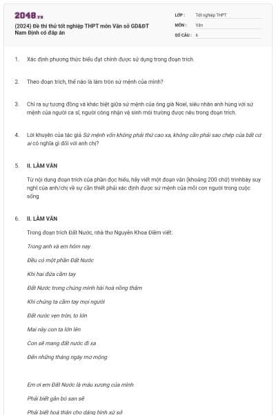 (2024) Đề thi thử tốt nghiệp THPT môn Văn sở GD&ĐT Nam Định có đáp án