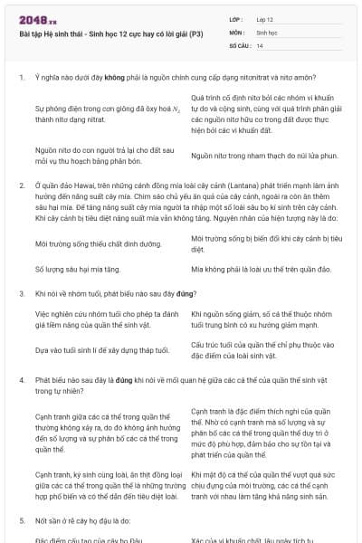 Bài tập Hệ sinh thái - Sinh học 12 cực hay có lời giải (P3)