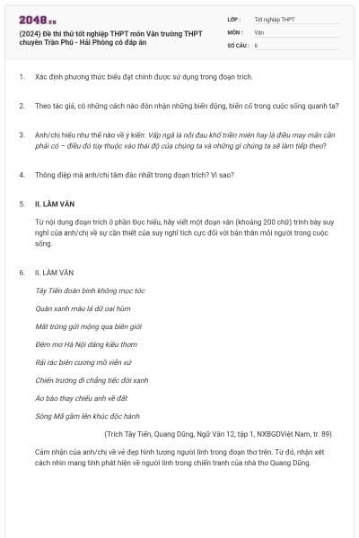 (2024) Đề thi thử tốt nghiệp THPT môn Văn trường THPT chuyên Trần Phú - Hải Phòng có đáp án