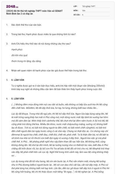 (2024) Đề thi thử tốt nghiệp THPT môn Văn sở GD&ĐT Ninh Bình lần 2 có đáp án