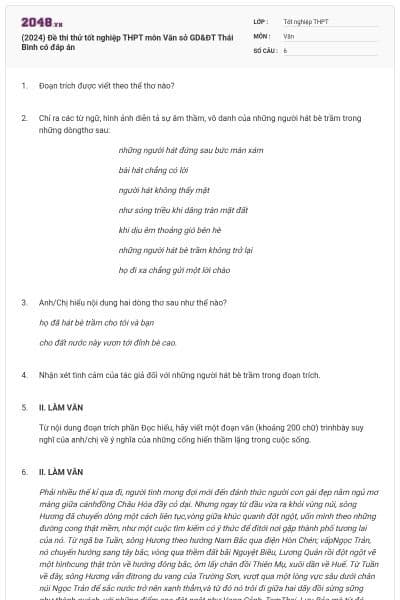 (2024) Đề thi thử tốt nghiệp THPT môn Văn sở GD&ĐT Thái Bình có đáp án