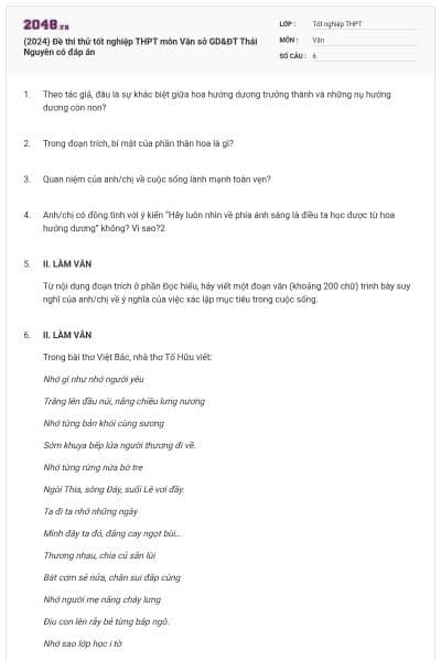 (2024) Đề thi thử tốt nghiệp THPT môn Văn sở GD&ĐT Thái Nguyên có đáp án