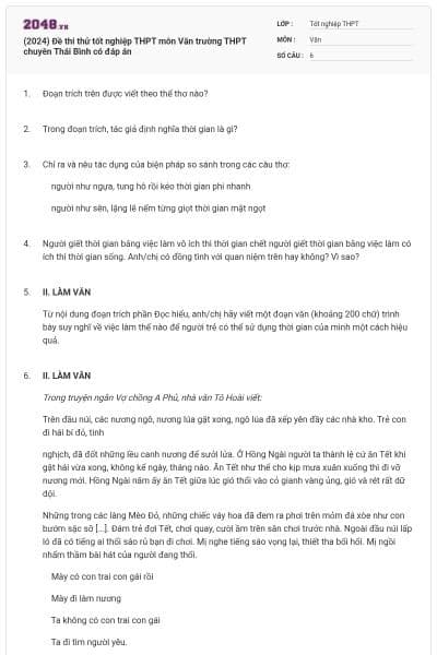 (2024) Đề thi thử tốt nghiệp THPT môn Văn trường THPT chuyên Thái Bình có đáp án