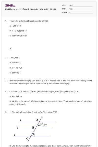 Đề kiểm tra học kì 1 Toán 7 có đáp án ( Mới nhất)_ Đề số 4