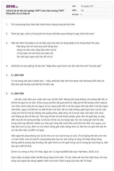 (2024) Đề thi thử tốt nghiệp THPT môn Văn trường THPT Đông Bắc Ga có đáp án