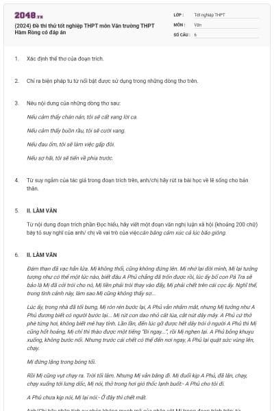 (2024) Đề thi thử tốt nghiệp THPT môn Văn trường THPT Hàm Rồng có đáp án