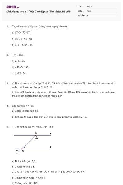 Đề kiểm tra học kì 1 Toán 7 có đáp án ( Mới nhất)_ Đề số 6