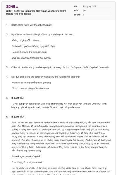 (2024) Đề thi thử tốt nghiệp THPT môn Văn trường THPT Hoằng Hóa 3 có đáp án