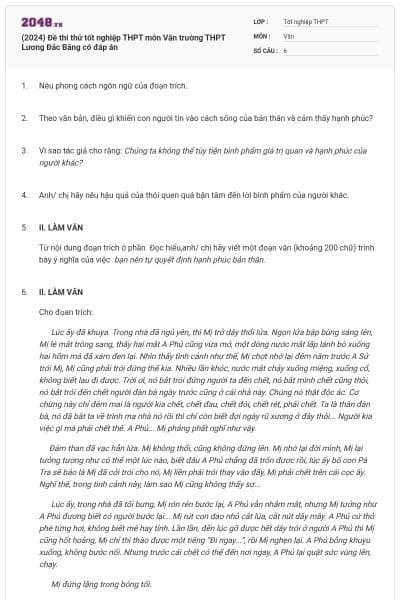(2024) Đề thi thử tốt nghiệp THPT môn Văn trường THPT Lương Đắc Bằng có đáp án