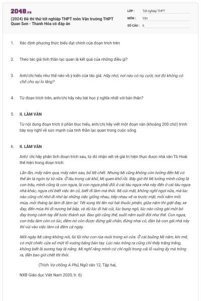 (2024) Đề thi thử tốt nghiệp THPT môn Văn trường THPT Quan Sơn - Thanh Hóa có đáp án
