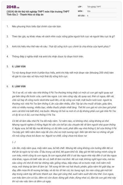 (2024) Đề thi thử tốt nghiệp THPT môn Văn trường THPT Tĩnh Gia 2 - Thanh Hóa có đáp án