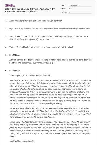 (2024) Đề thi thử tốt nghiệp THPT môn Văn trường THPT Chu Văn An - Thanh Hóa có đáp án