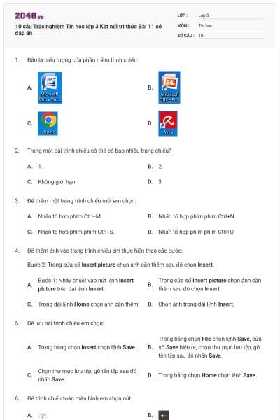 10 câu Trắc nghiệm Tin học lớp 3 Kết nối tri thức Bài 11 có đáp án