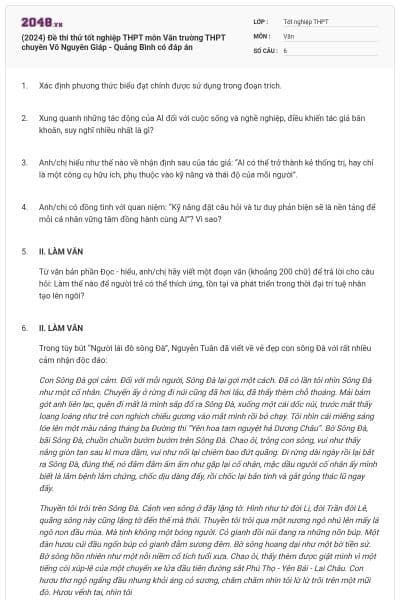 (2024) Đề thi thử tốt nghiệp THPT môn Văn trường THPT chuyên Võ Nguyên Giáp - Quảng Bình có đáp án