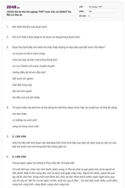 (2024) Đề thi thử tốt nghiệp THPT môn Văn sở GD&ĐT Hà Nội có đáp án