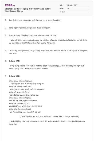 (2024) Đề thi thử tốt nghiệp THPT môn Văn sở GD&ĐT Hàm Rồng có đáp án