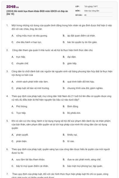 (2024) Đề minh họa tham khảo BGD môn GDCD có đáp án (Đề 18)