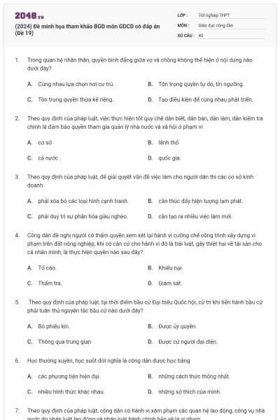 (2024) Đề minh họa tham khảo BGD môn GDCD có đáp án (Đề 19)