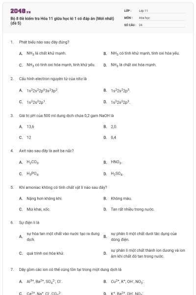 Bộ 8 Đề kiểm tra Hóa 11 giữa học kì 1 có đáp án (Mới nhất) (đề 5)