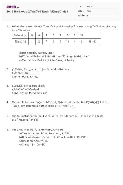 Bộ 15 đề thi Học kì 2 Toán 7 có đáp án (Mới nhất) - đề 1