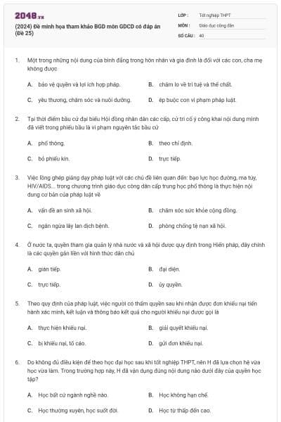 (2024) Đề minh họa tham khảo BGD môn GDCD có đáp án (Đề 25)