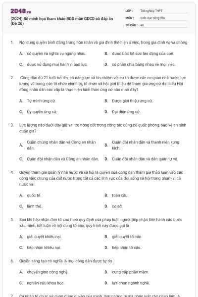 (2024) Đề minh họa tham khảo BGD môn GDCD có đáp án (Đề 26)