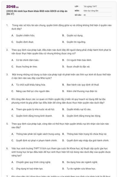 (2024) Đề minh họa tham khảo BGD môn GDCD có đáp án (Đề 27)