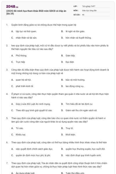 (2024) Đề minh họa tham khảo BGD môn GDCD có đáp án (Đề 29)