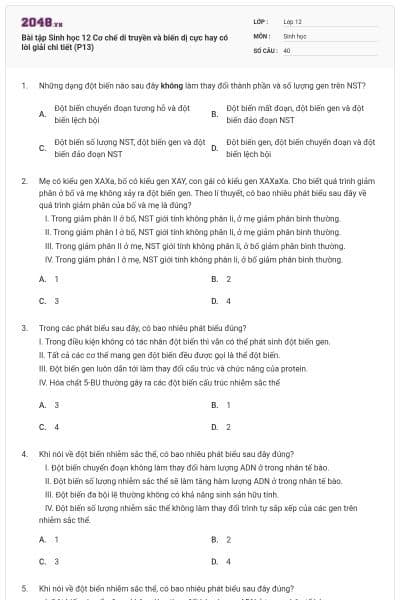 Bài tập Sinh học 12 Cơ chế di truyền và biến dị cực hay có lời giải chi tiết (P13)
