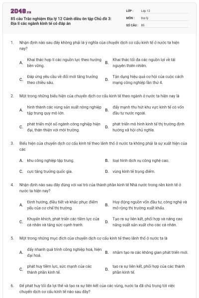 85 câu Trắc nghiệm Địa lý 12 Cánh diều ôn tập Chủ đề 3: Địa lí các ngành kinh tế có đáp án