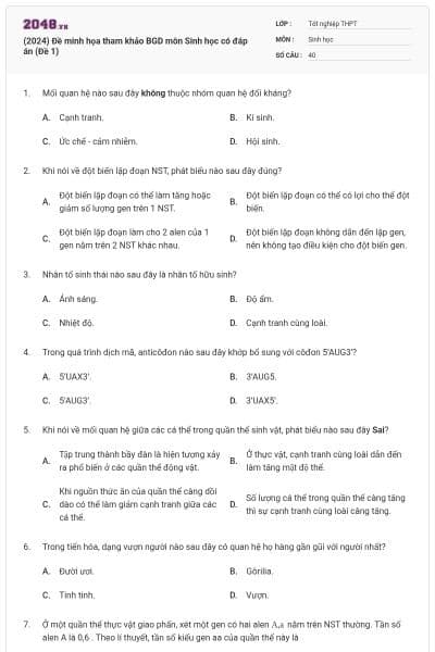(2024) Đề minh họa tham khảo BGD môn Sinh học có đáp án (Đề 1)