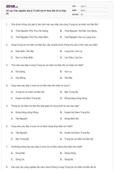 30 câu Trắc nghiệm Địa lý 12 Kết nối tri thức Bài 23 có đáp án