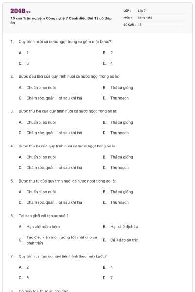15 câu Trắc nghiệm Công nghệ 7 Cánh diều Bài 12 có đáp án
