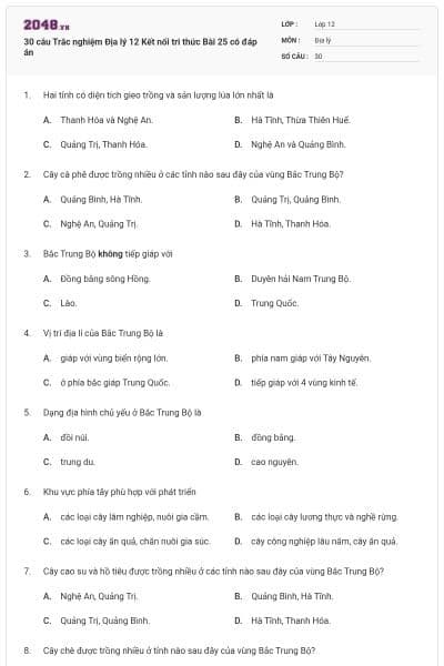 30 câu Trắc nghiệm Địa lý 12 Kết nối tri thức Bài 25 có đáp án