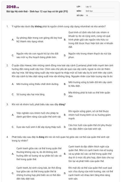 Bài tập Hệ sinh thái - Sinh học 12 cực hay có lời giải (P3)